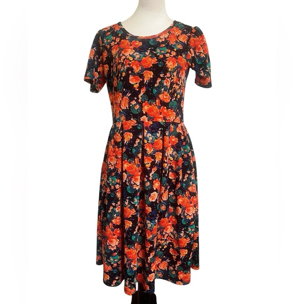 LuLaRoe Vibrant Floral Midi Dress - Black and Orange